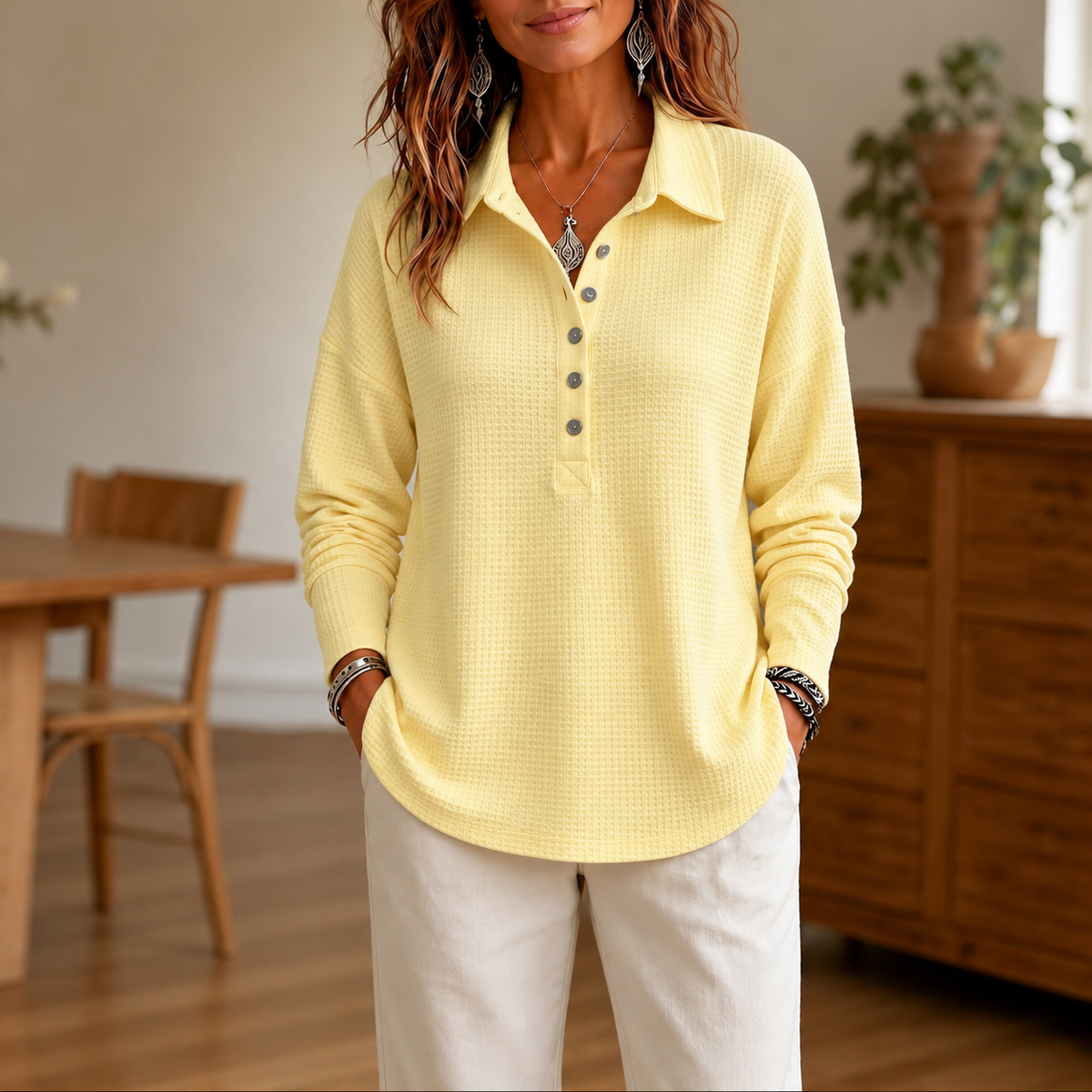 Wearbella – Waffle-Knit Collared Button-Neck Pullover