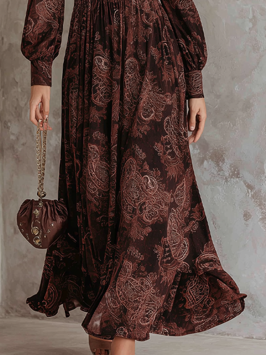 Retro Zipper Neck Long Sleeve Paisley Print Midi Dress