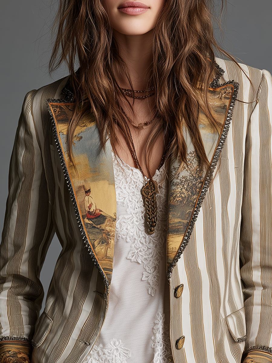 Bohemian Striped Cotton Blazer With Printed Lapels
