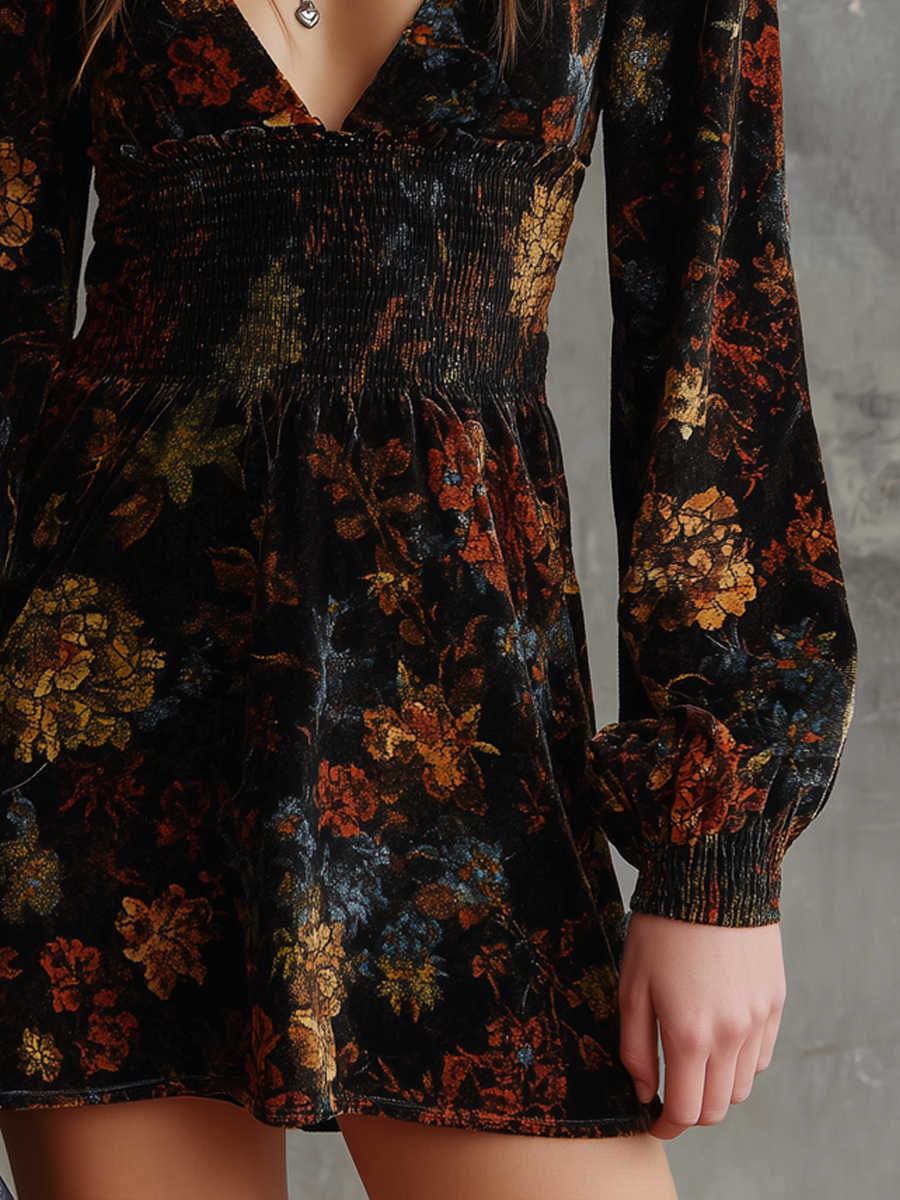 Retro Floral Print Pleated Waist Velvet Mini Dress