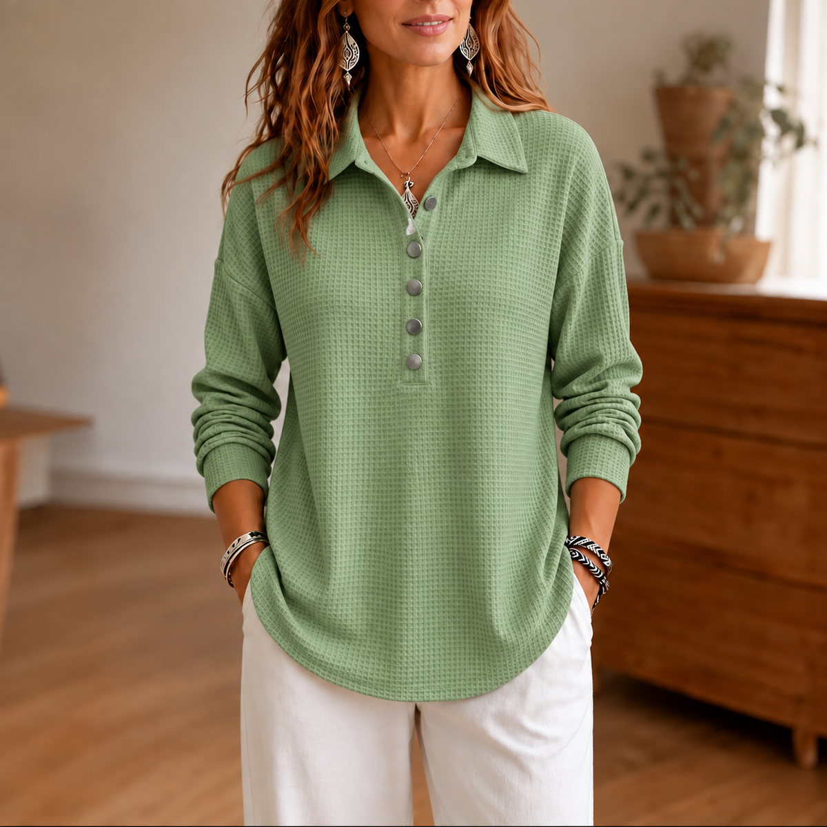 Wearbella – Waffle-Knit Collared Button-Neck Pullover