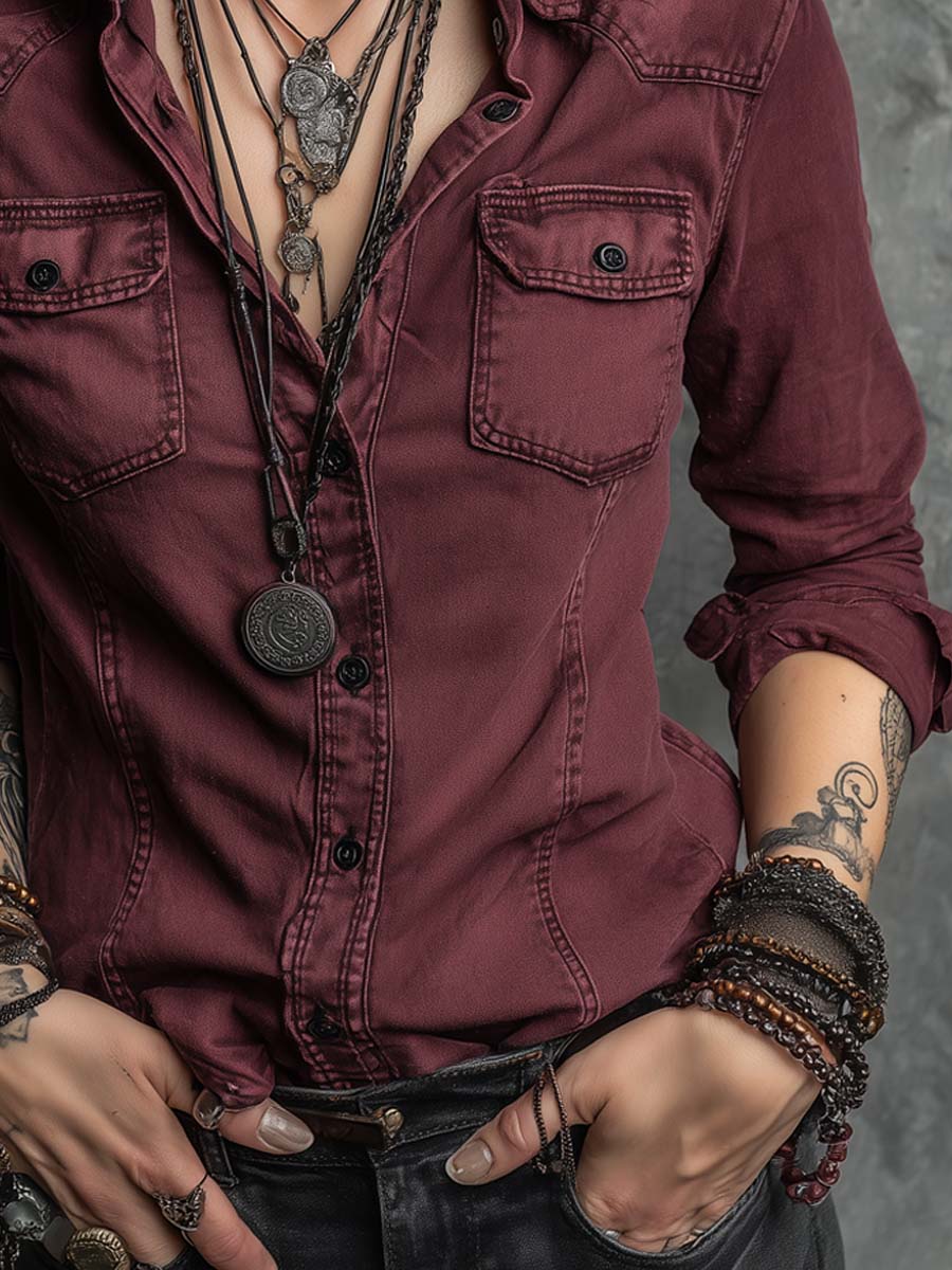 Retro Flap Chest Pocket Long-sleeved Denim Blouse