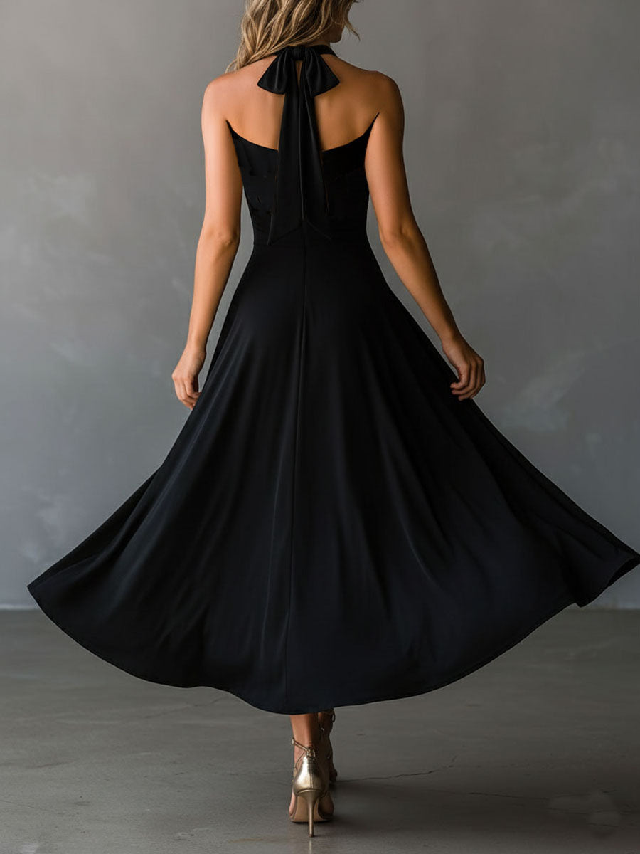 Retro Black Halter Cross Tie-back A-Line Midi Dress