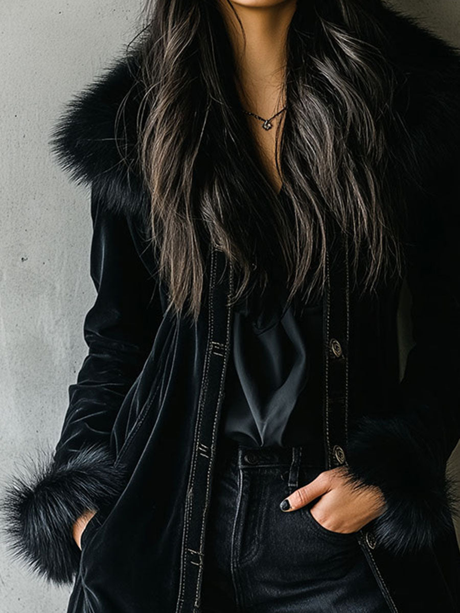 Elegant Tailoring Long Black Velvet Coat With Eco Fur Collar & Cuffs