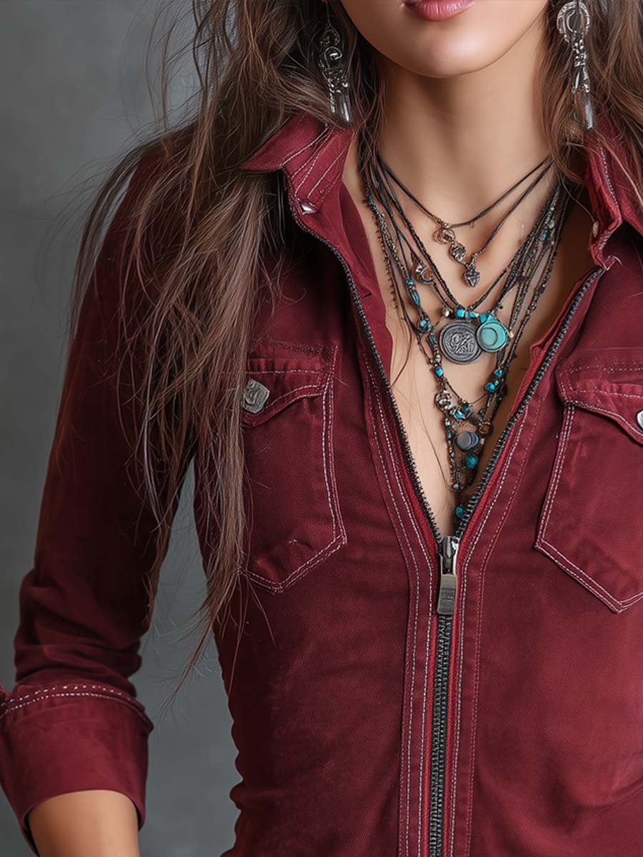 Vintage Zip-up Collar Flap Pocket Distressed Denim Shirt