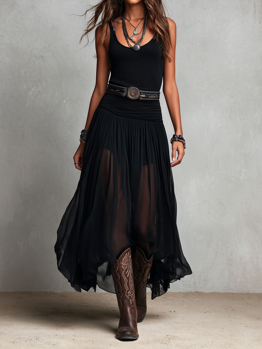 Boho Western Black  Stretchy Maxi  Dress With Sheer Skirt