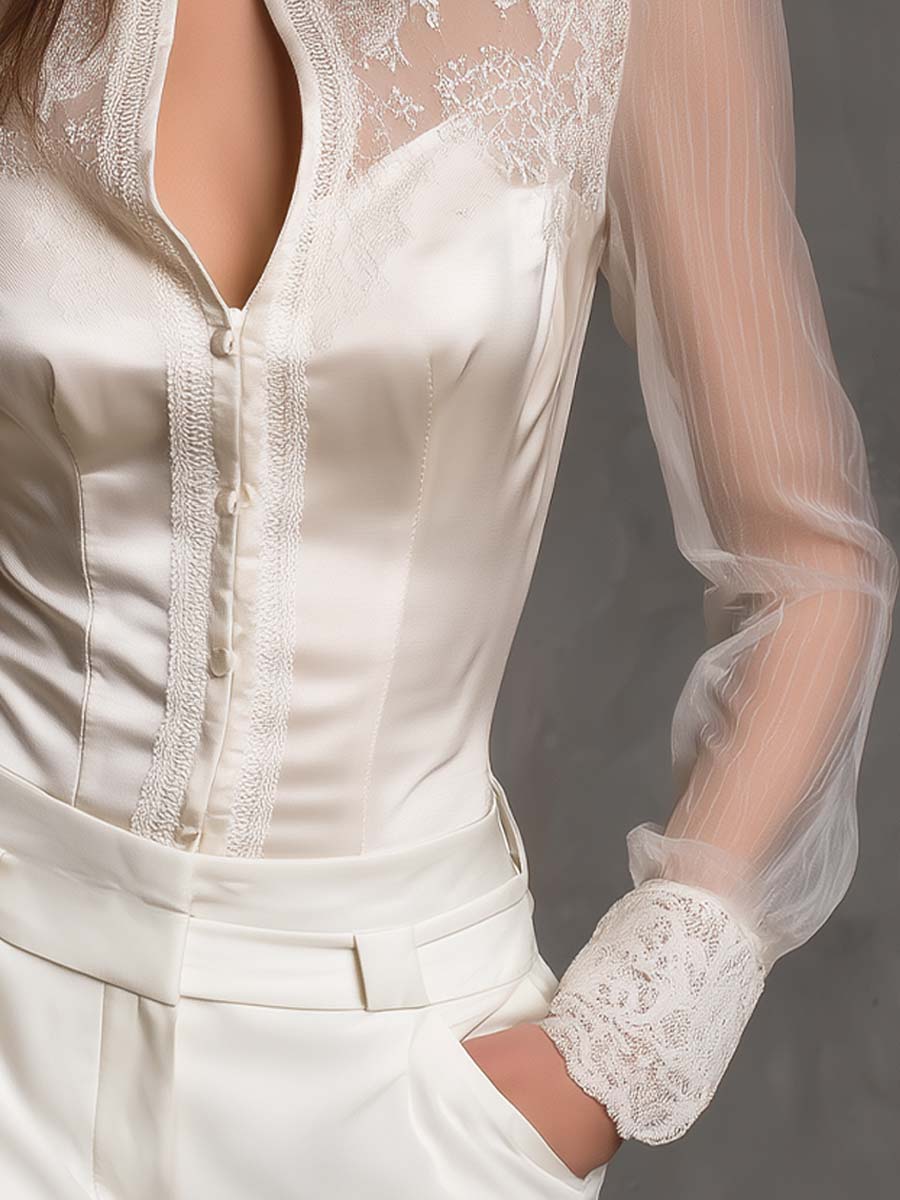 Elegant Lace-Panel Satin Blouse With Sheer Sleeves