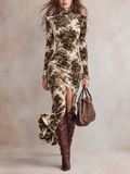 Women's Baroque Print High-Neck Long-Sleeve Maxi Dress with Thigh-High Slit