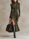 Military-Inspired Suede Olive Green High-Neck Belted Midi Dress