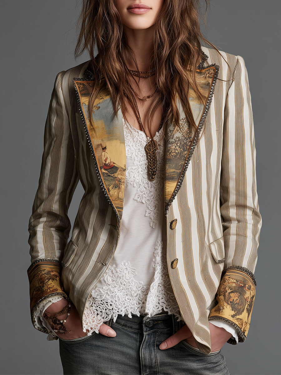 Bohemian Striped Cotton Blazer With Printed Lapels