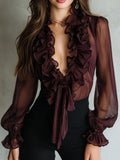 Retro Plum Sheer Ruffled Tie-Front Chiffon Blouse