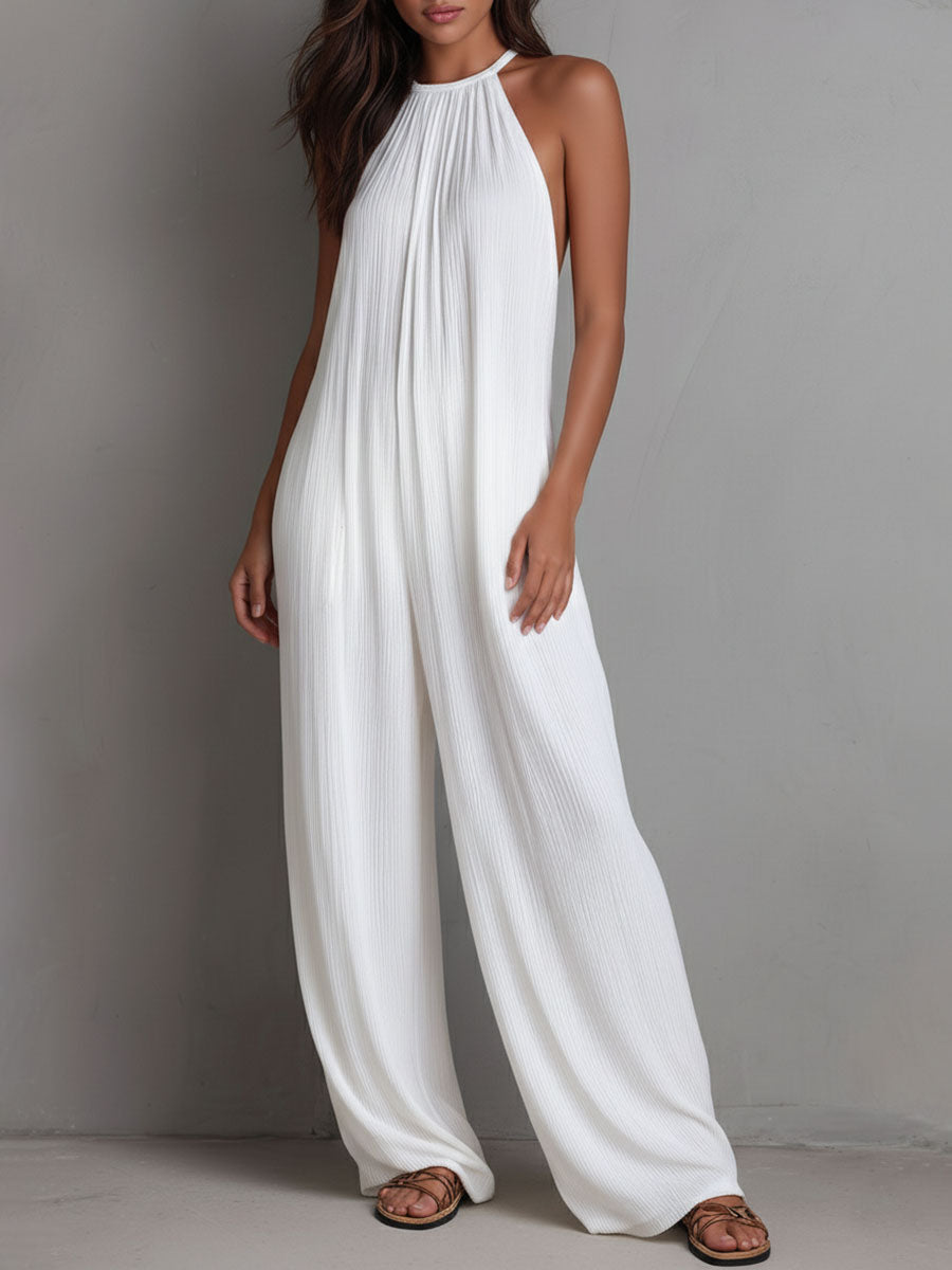 Resort White Pleated Halter Wide-Leg One-Piece Jumpsuit
