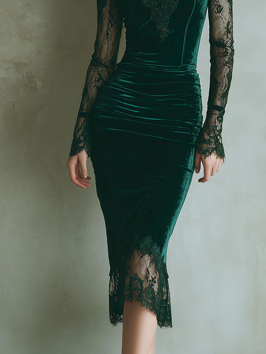 Elegant Green Velvet Long Sleeve Lace Midi Dress