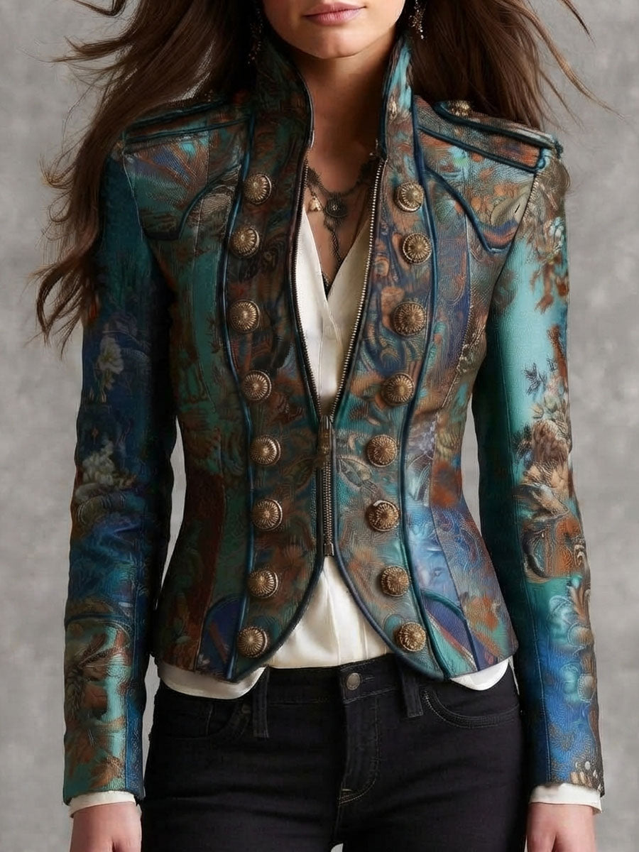 Victorian Baroque Pattern Buttons Epaulet Fitted Short Cropped Jacket