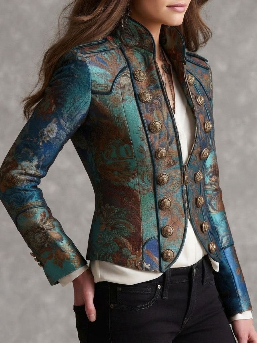 Victorian Baroque Pattern Buttons Epaulet Fitted Short Cropped Jacket