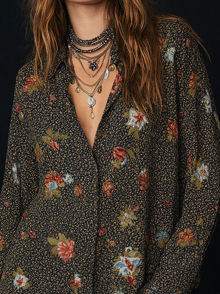 Retro Floral Print Curved Hem Ruffled Sleeves Blouse