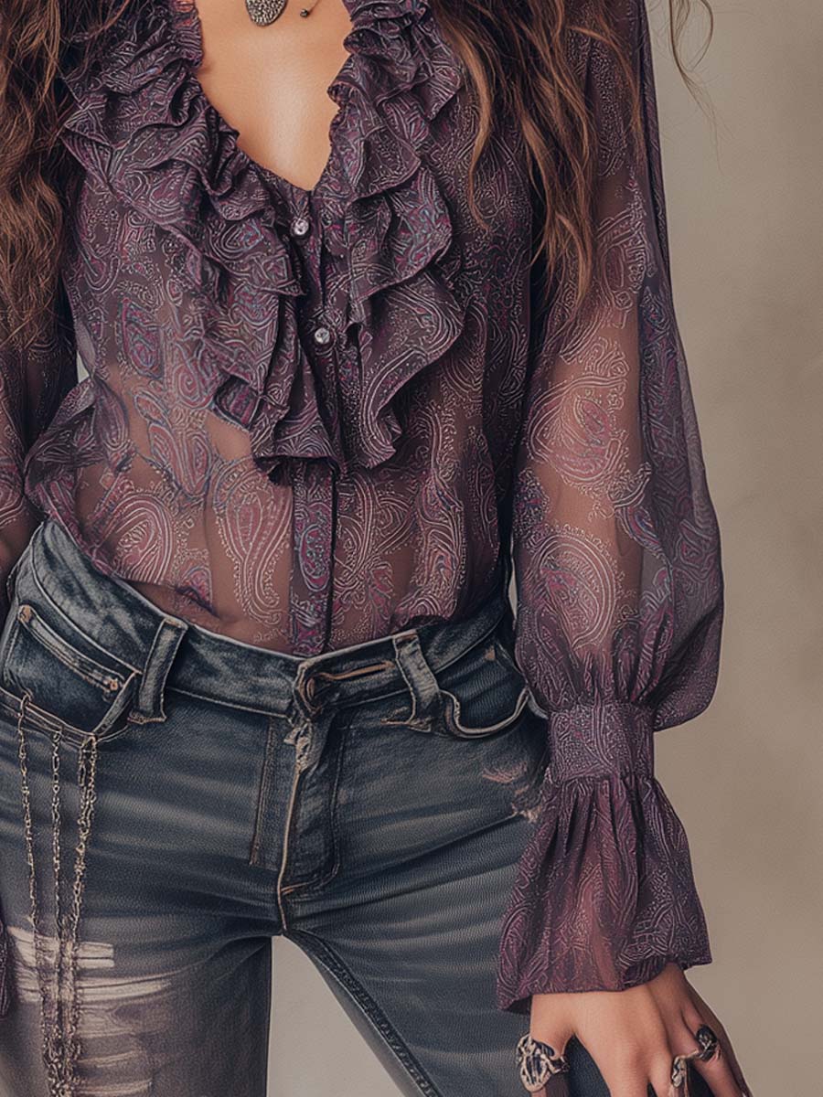 Vintage Paisley Print Ruffled Collar Chiffon Blouse