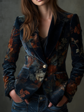 Vintage Floral Print Metal Button Polyester Velvet Blazer