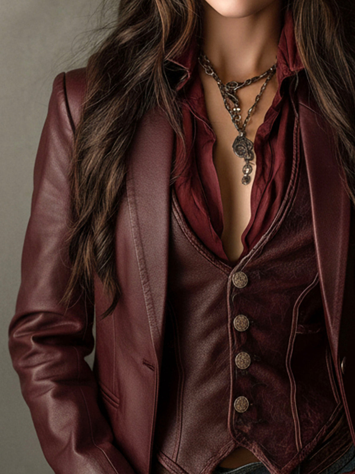 Vintage Burgundy Eco Leather Blazer