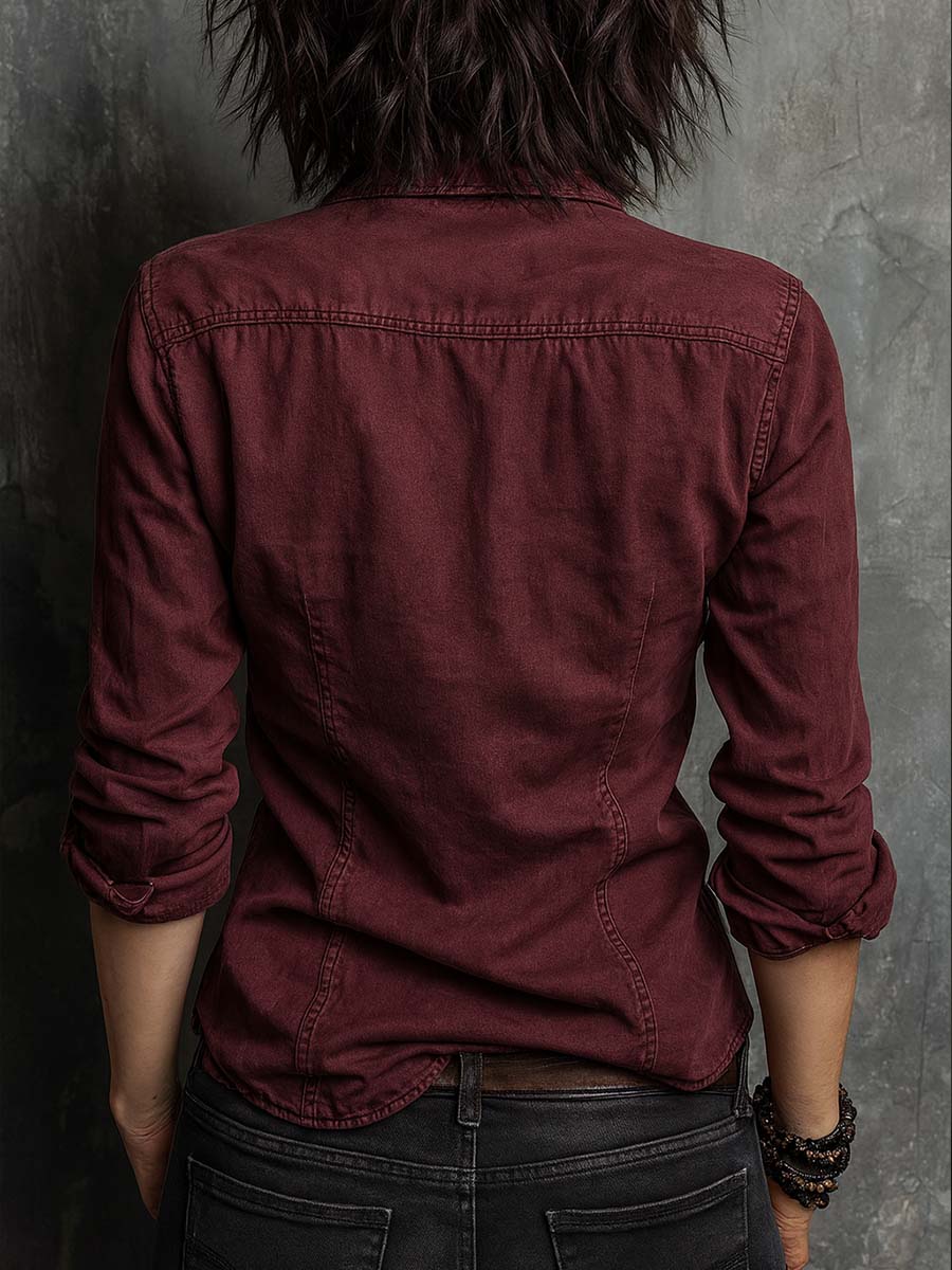 Retro Flap Chest Pocket Long-sleeved Denim Blouse