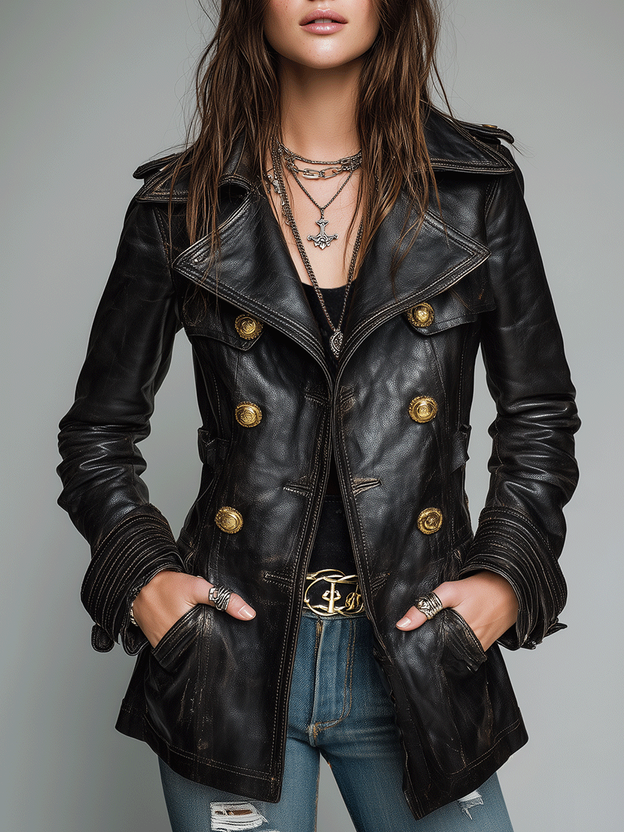 Vintage Black Double-Breasted Faux Leather Jacket