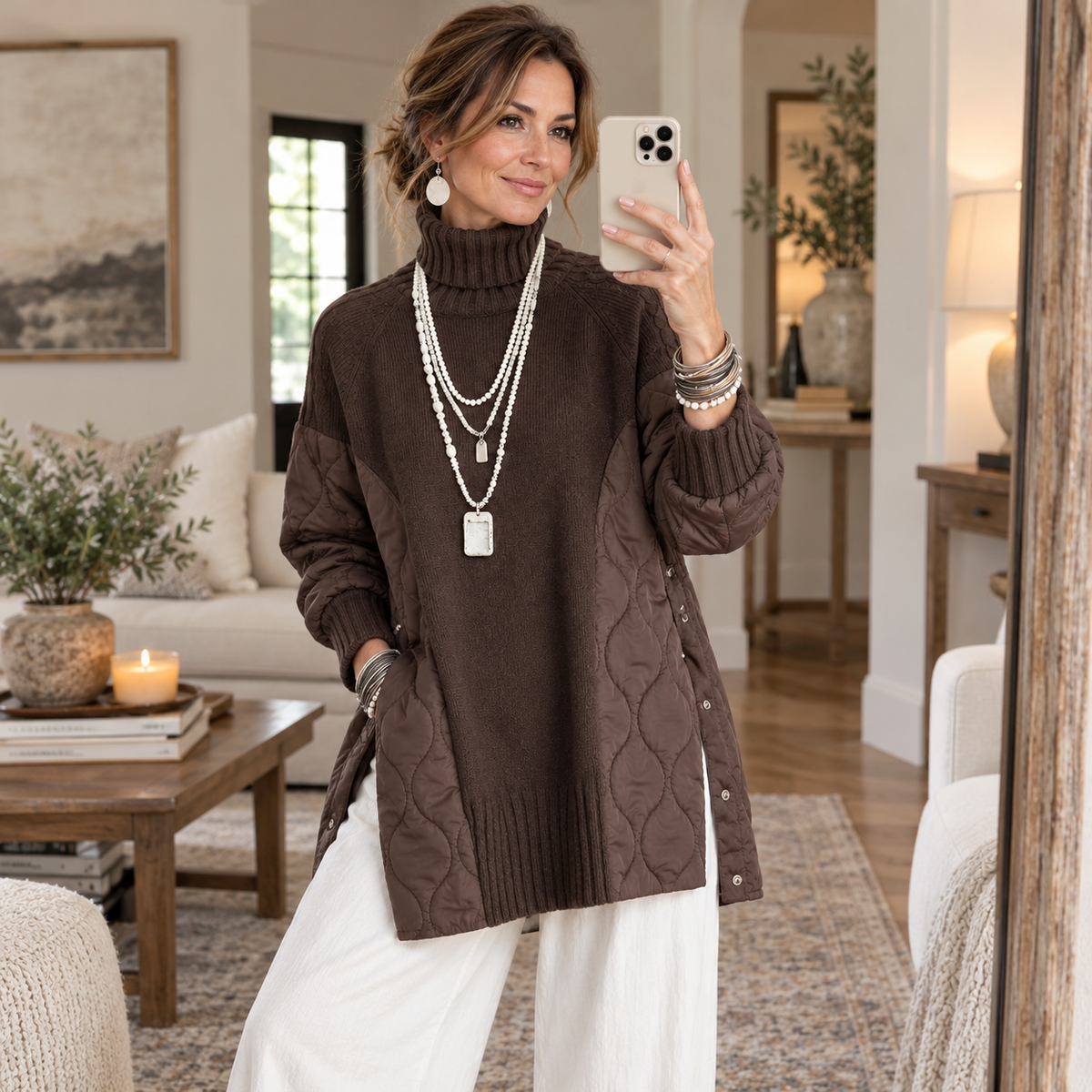 Quilted Haven – Quilted Panel Turtleneck Pullover