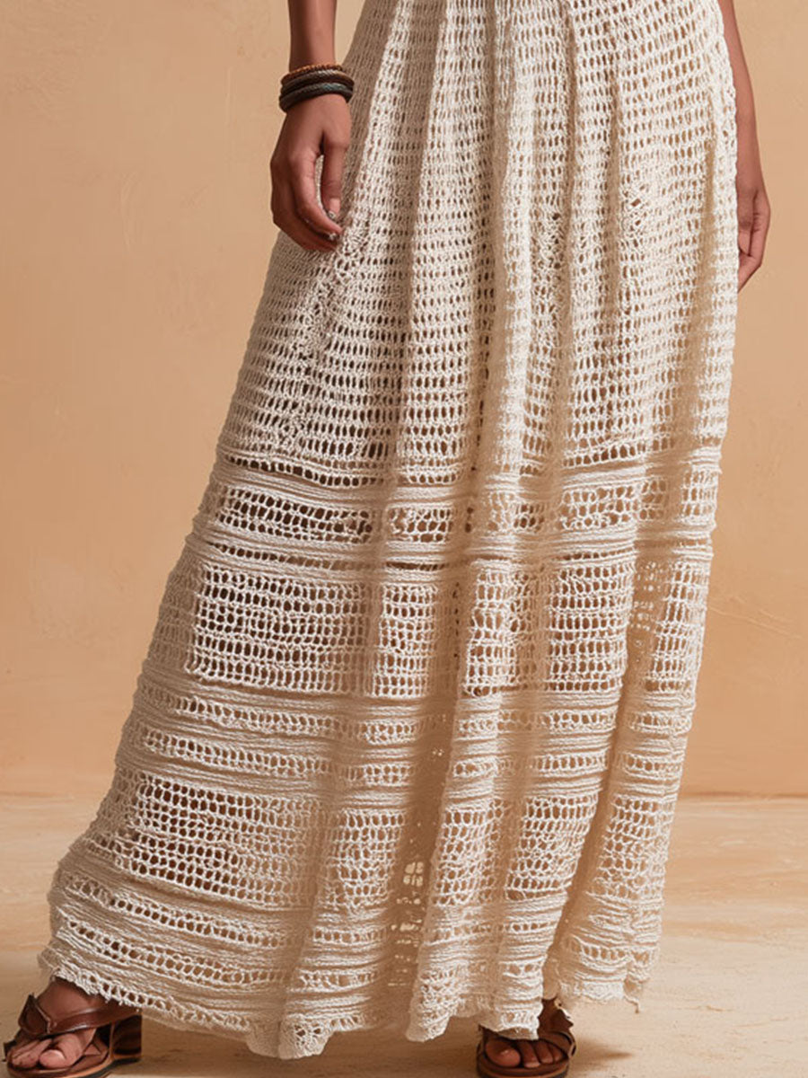 Boho Chic Ivory Crochet Halter Maxi Dress With Waist Belt