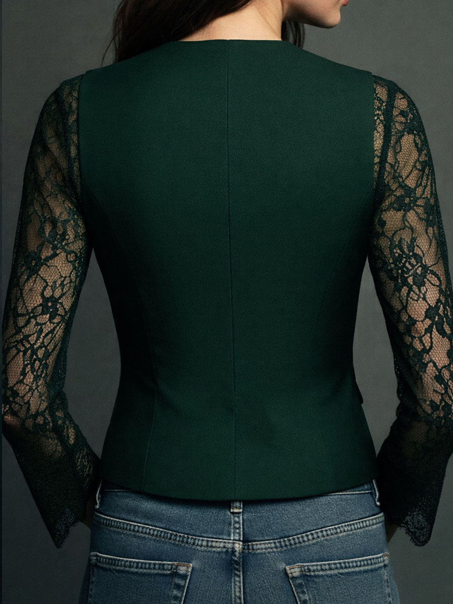 Elegant Black Lace Panel Sleeve Blazer Top