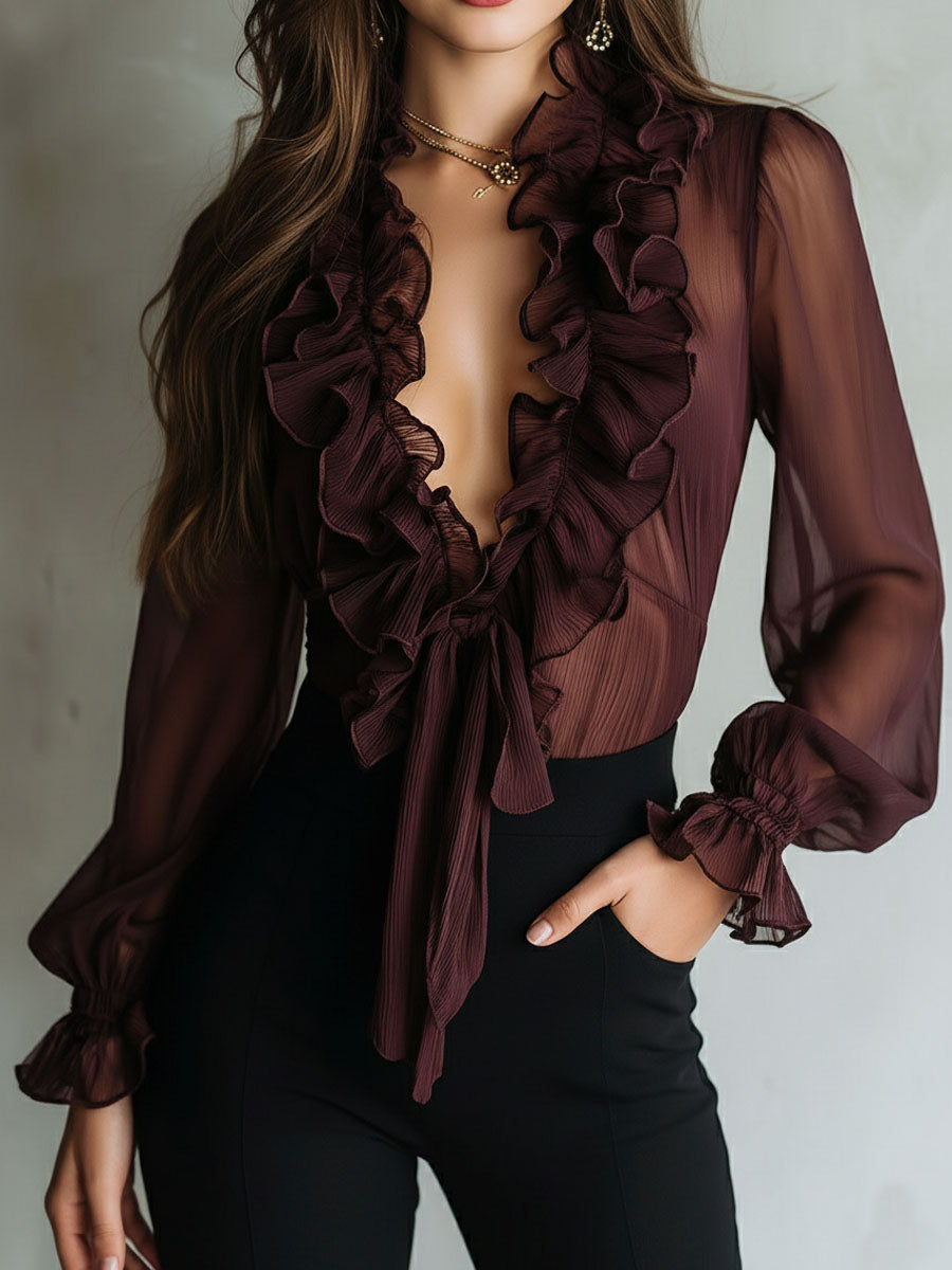Retro Plum Sheer Ruffled Tie-Front Chiffon Blouse