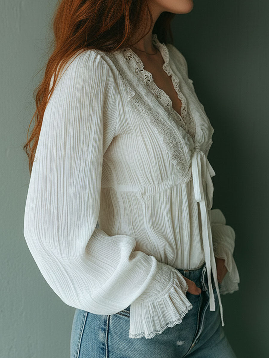 Boho Ruffled V-Neck White Pleated Lace Tie-Front Blouse