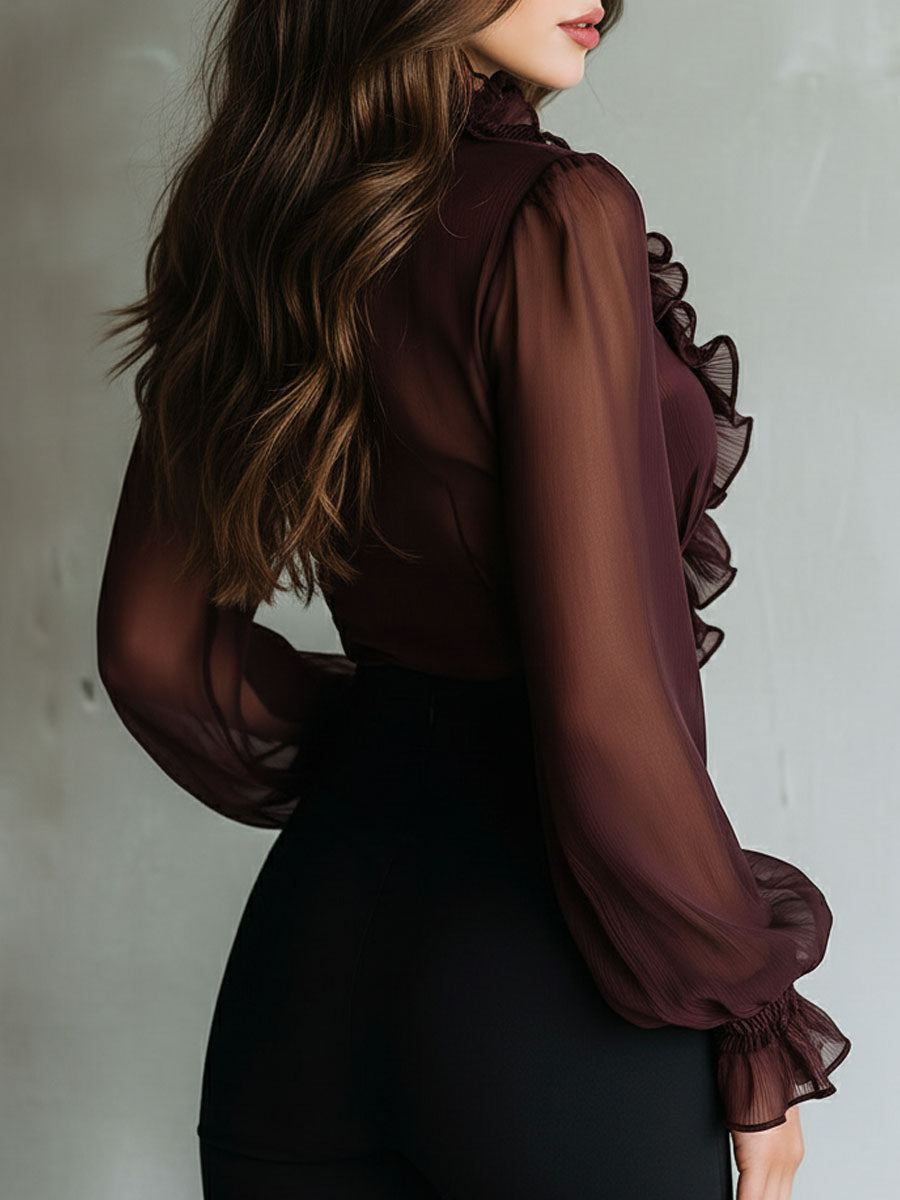 Retro Plum Sheer Ruffled Tie-Front Chiffon Blouse