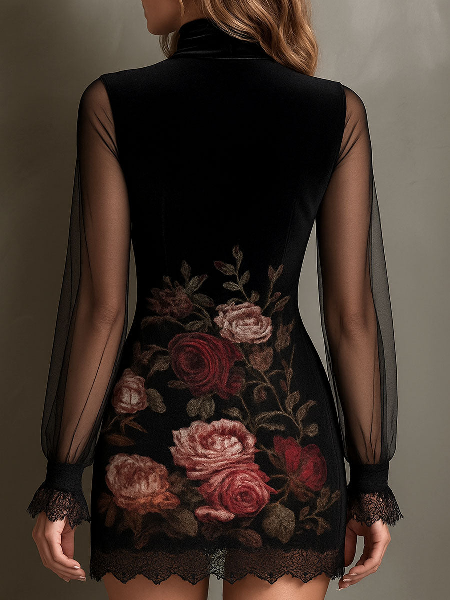 Velvet Rose Print Sheer Patchwork Mini Dress With Lace Trim