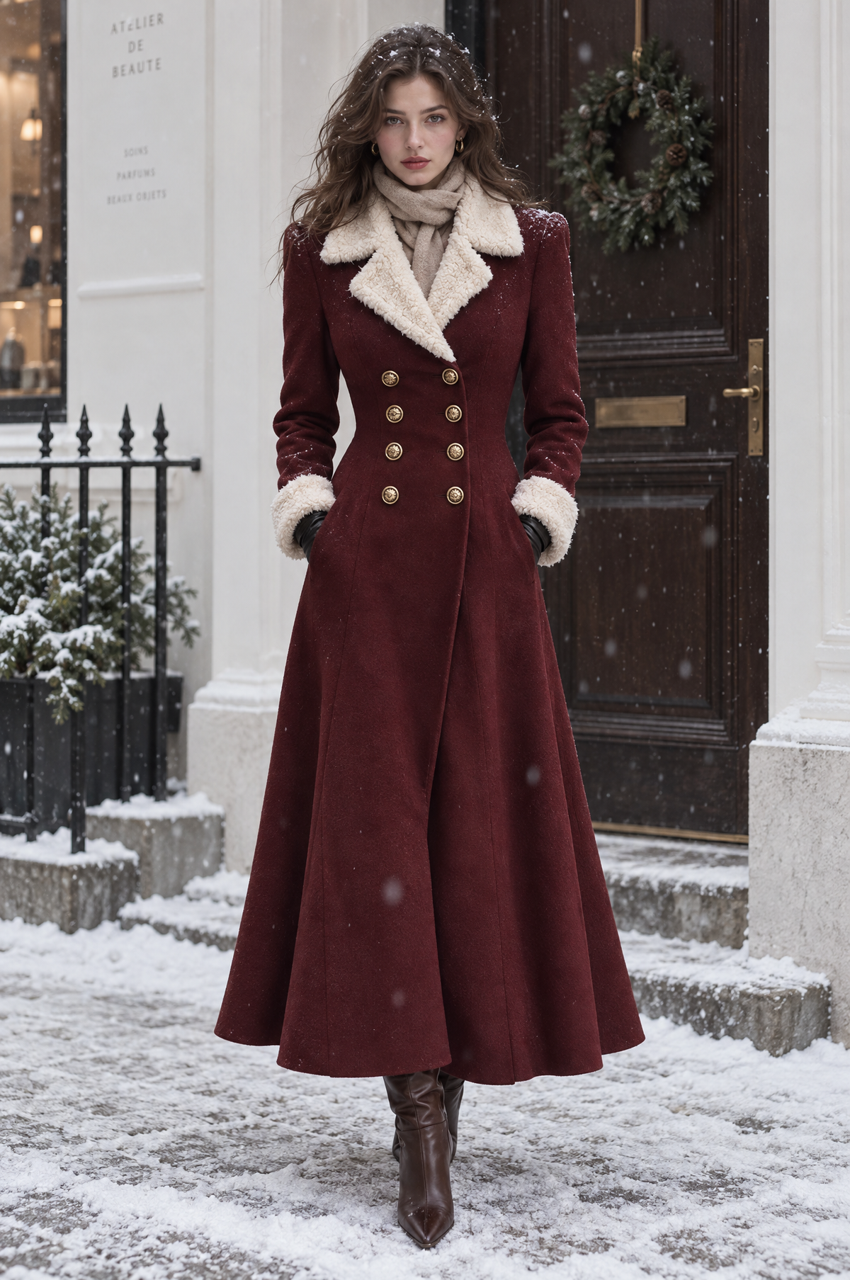 Women's Elegant Faux Fur Collar Double-Breasted Maxi Wool Coat