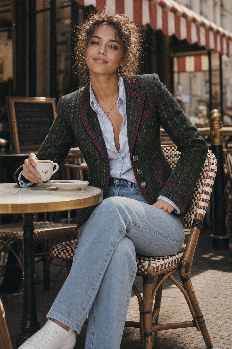 Retro Striped Wool Blazer With Contrast Trim Piping
