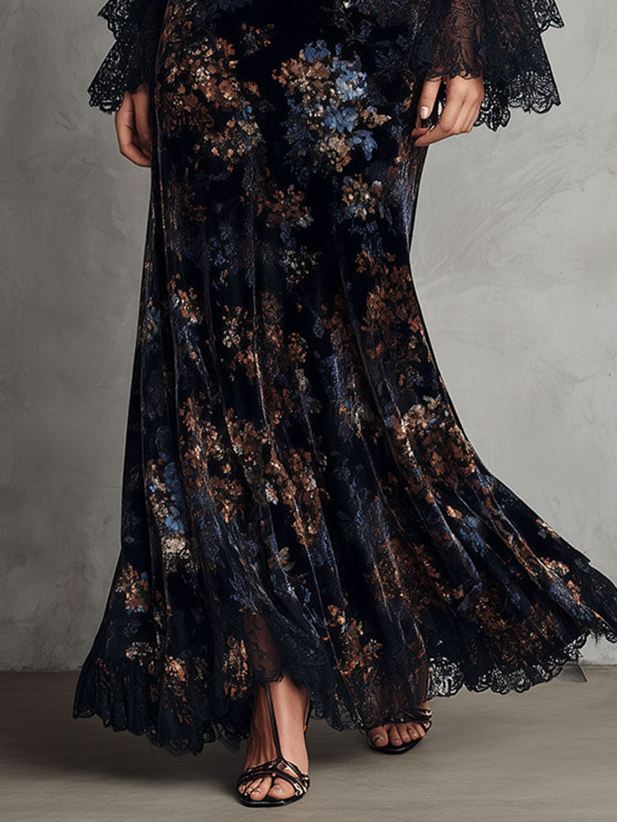Midnight Floral Velvet Flowing Gown With Lace-Trim Bell Sleeves