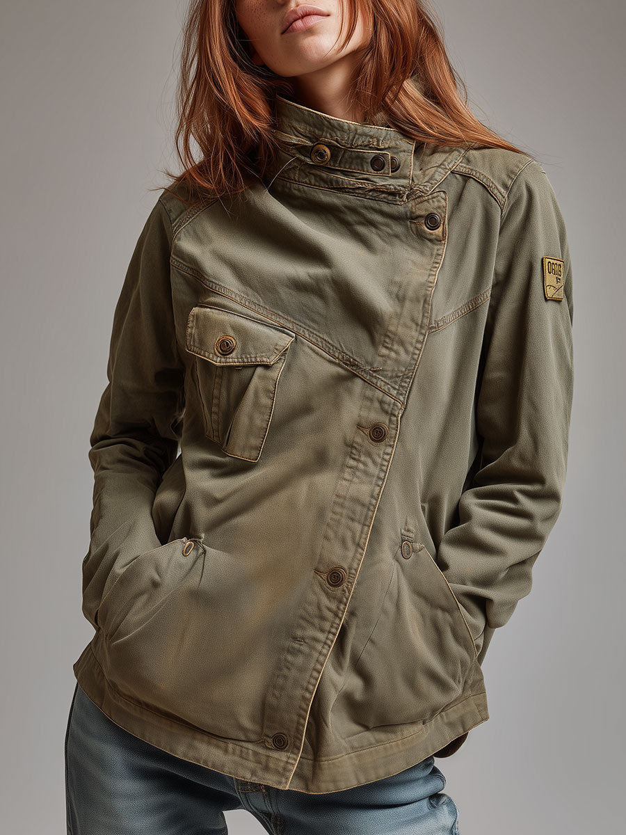 Retro Stand Collar Slanted Placket Pocket Jacket