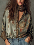 Satin Floral Button-Down Shirt With Leopard Trim