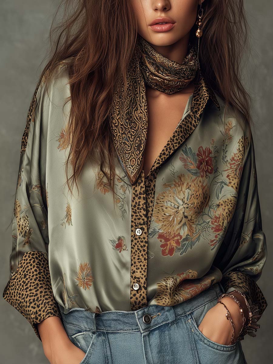 Satin Floral Button-Down Shirt With Leopard Trim