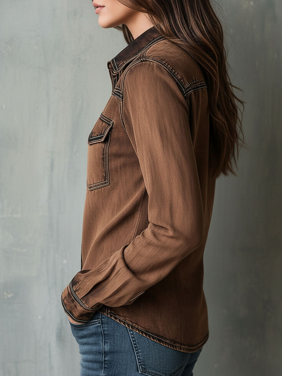 Vintage Brown Washed Contrast Stitching Utility Zip Shirt Jacket