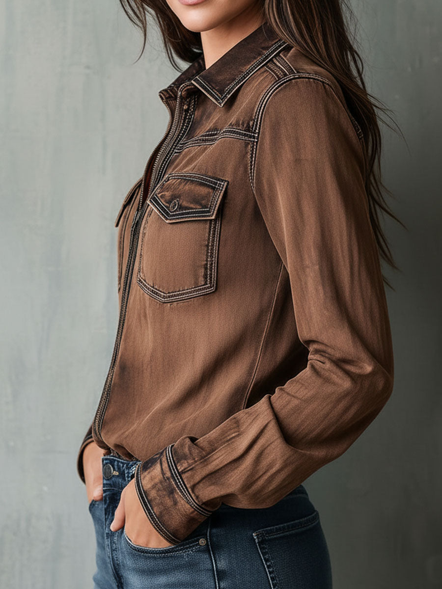 Vintage Brown Washed Contrast Stitching Utility Zip Shirt Jacket