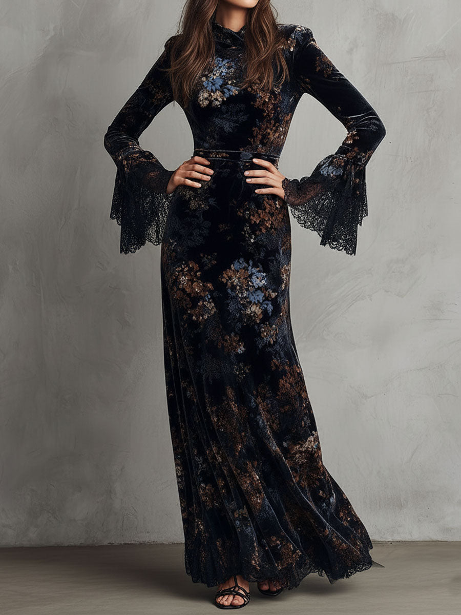 Midnight Floral Velvet Flowing Gown With Lace-Trim Bell Sleeves