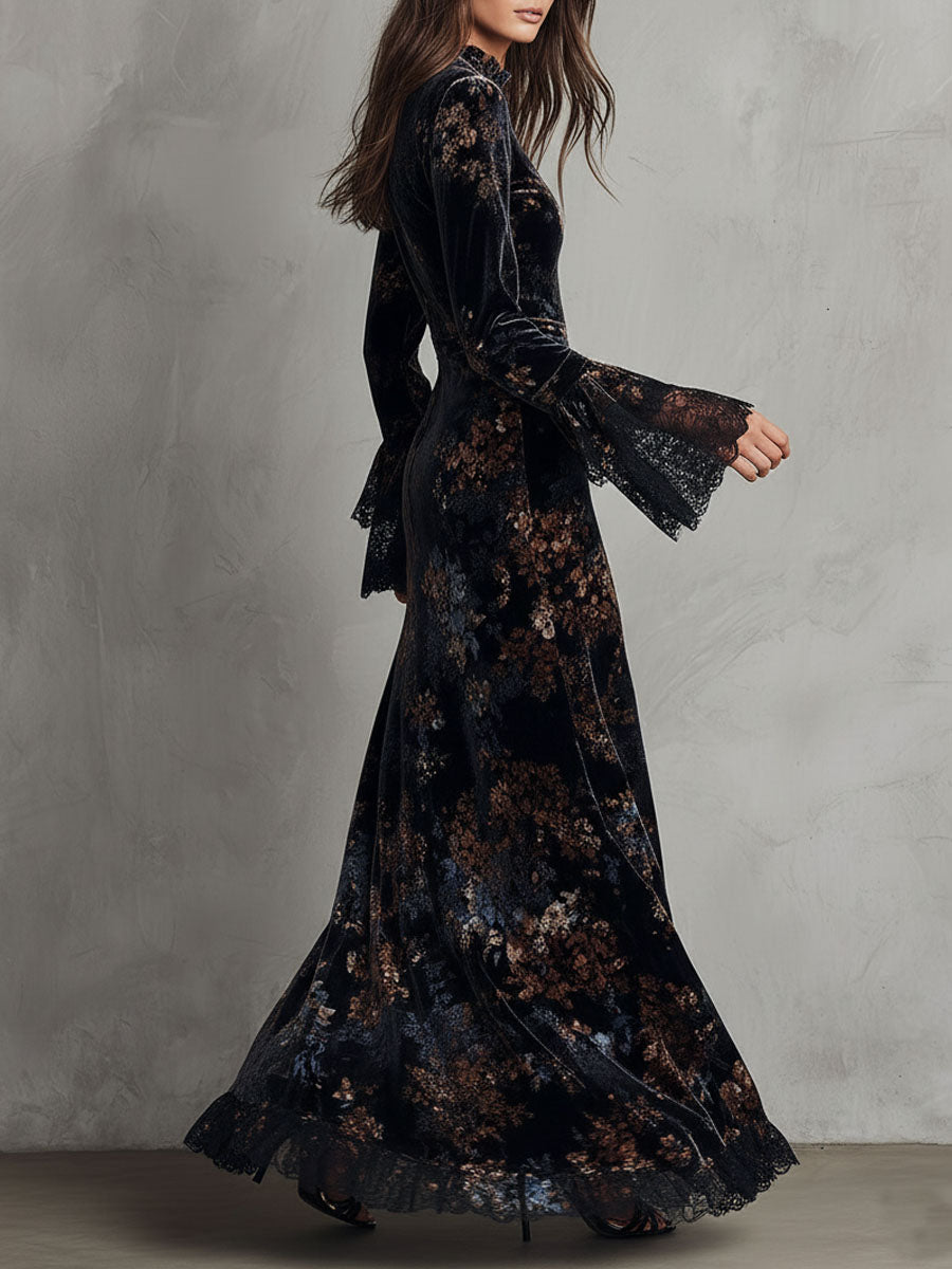 Midnight Floral Velvet Flowing Gown With Lace-Trim Bell Sleeves