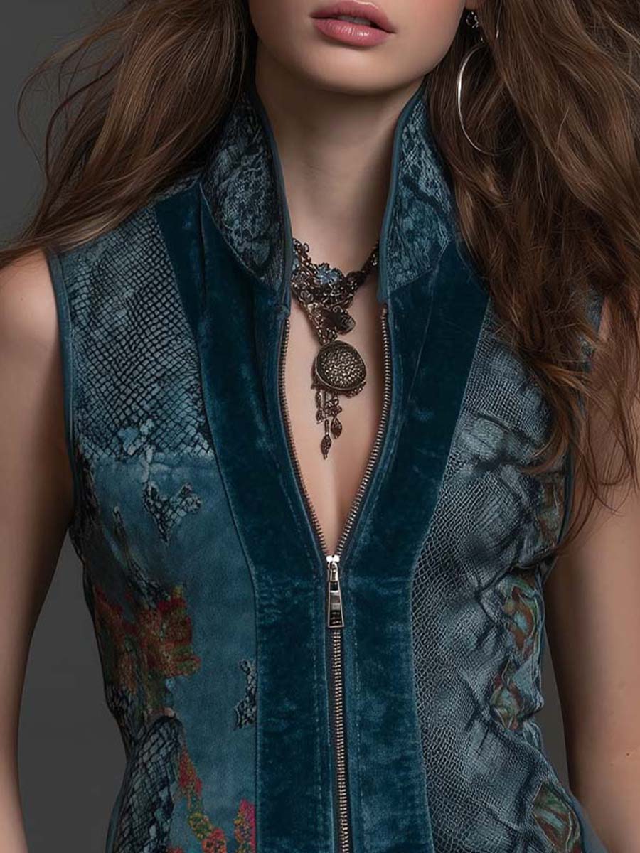 Deep Teal Velvet Zip-Front Vest Top