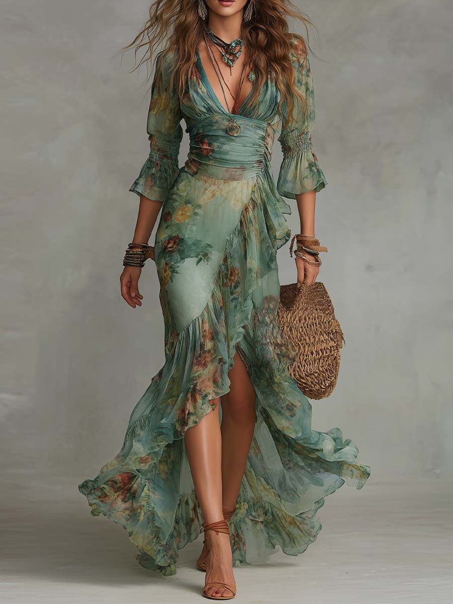 Retro Romantic Floral Wrap Long Dress