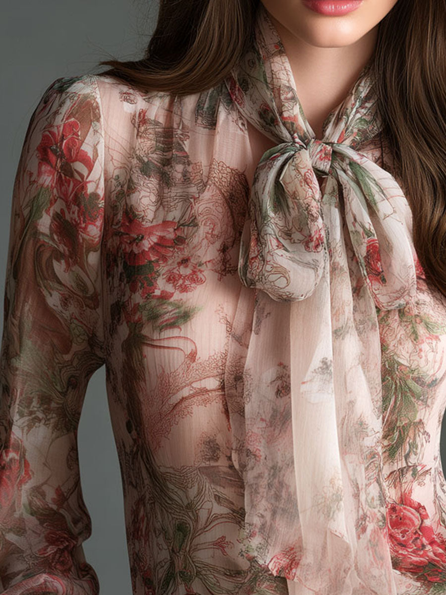 Retro Romantic Floral Chiffon Bow-Tie Blouse