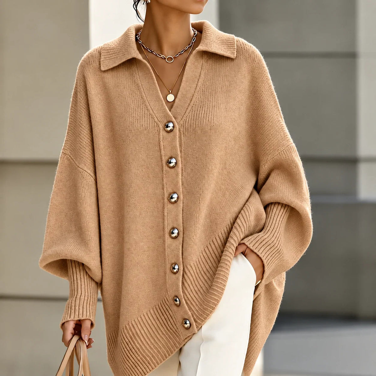 Draperlyn – Collared Open-Front Batwing Knit Cardigan