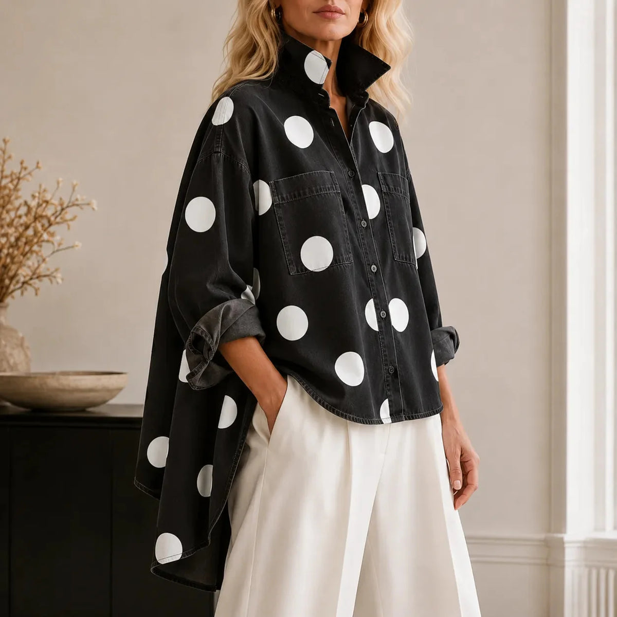 Marevelle | Oversized Polka Dot Denim Shirt