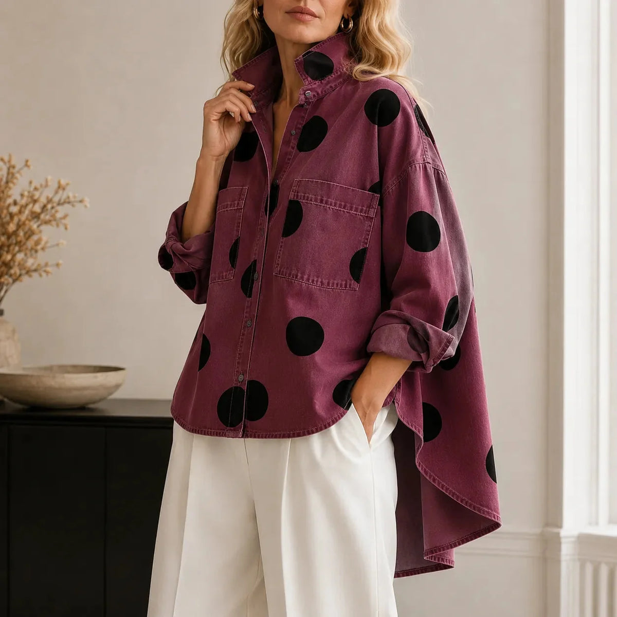 Marevelle | Oversized Polka Dot Denim Shirt