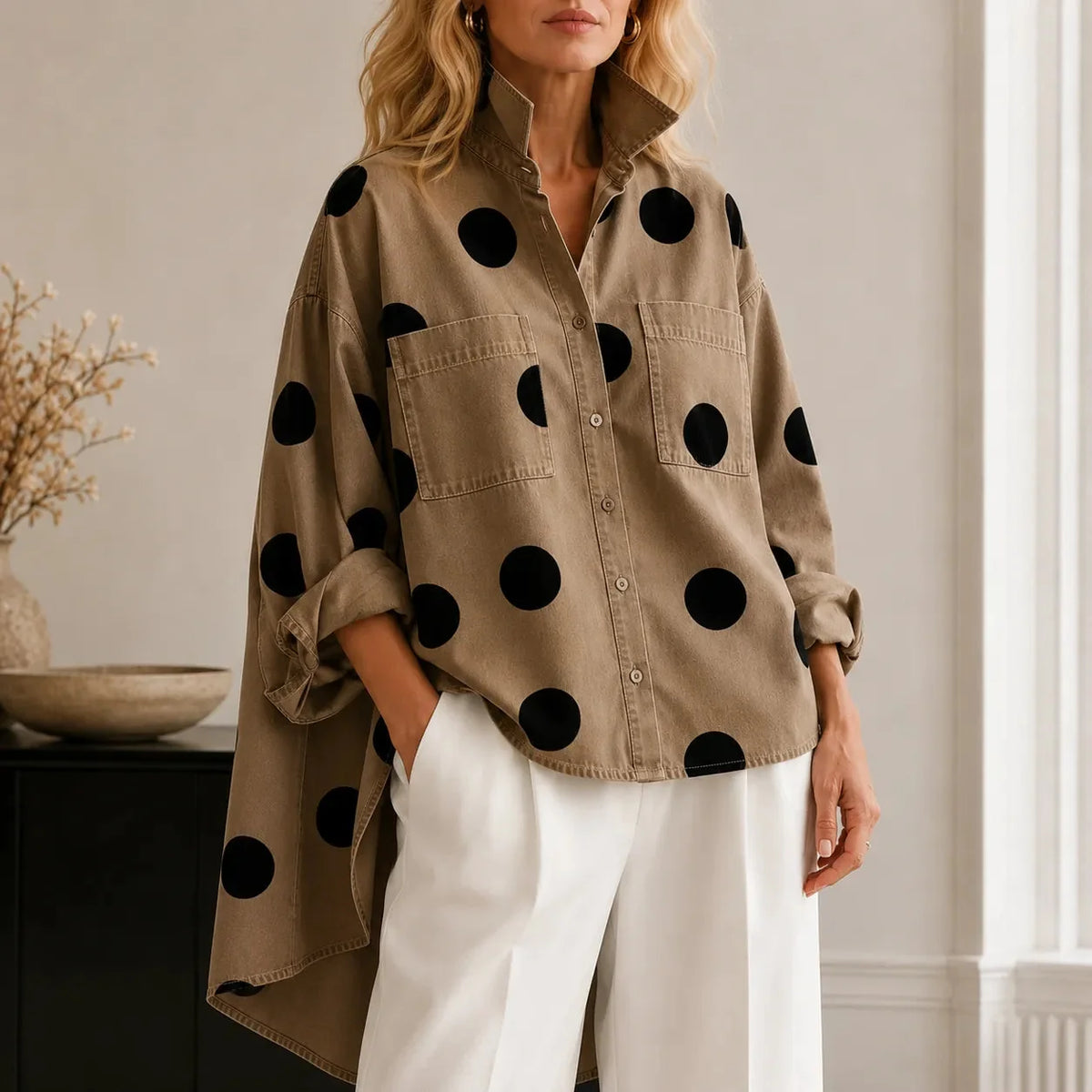 Marevelle | Oversized Polka Dot Denim Shirt