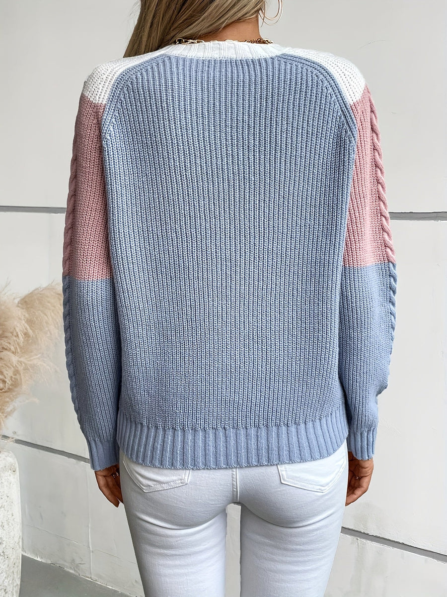 Lorella | Cozy Color Block Cable Knit Sweater With Chevron Panel